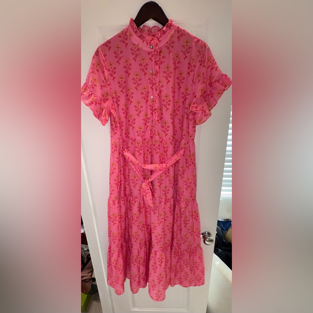 J Marie Ruffle Collar Block Print Shirt Midi Dress Sz Large